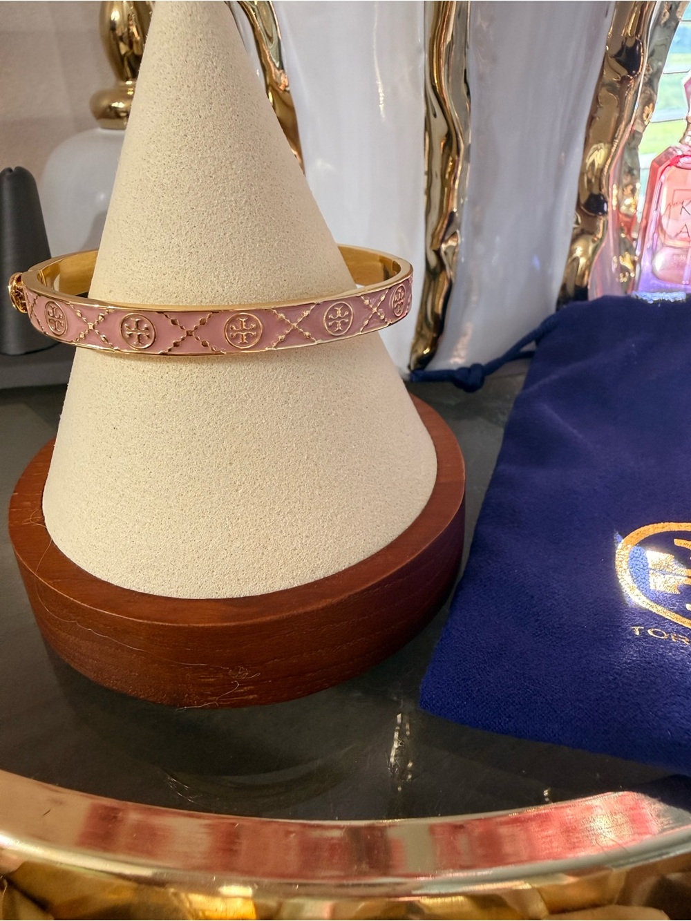 Tory Burch Pink Enamel and Gold Logo Bangle